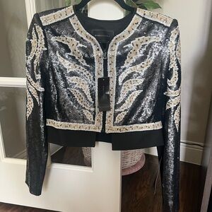 BCBGMaxAzria Black Sequin Cropped Blazer with Ivory Embellishment